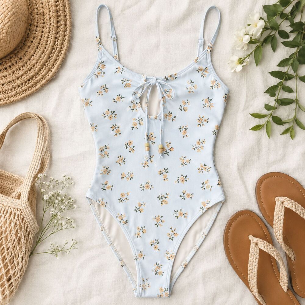 Aerie Floral One Piece Swimsuit XS Blue Keyhole High Cut Cottagecore Swim
